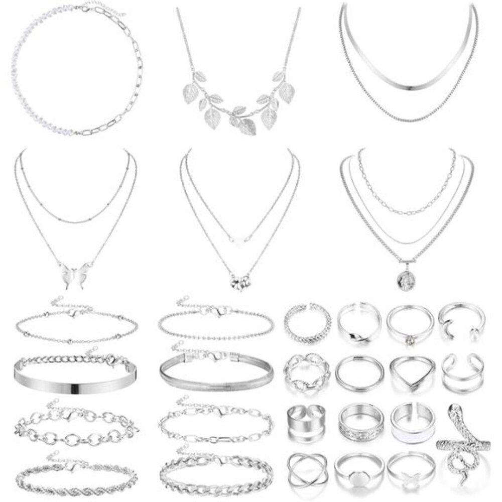 Silver Elegance Jewelry Set –Assorted Necklaces, Bracelets, and Rings Collection
